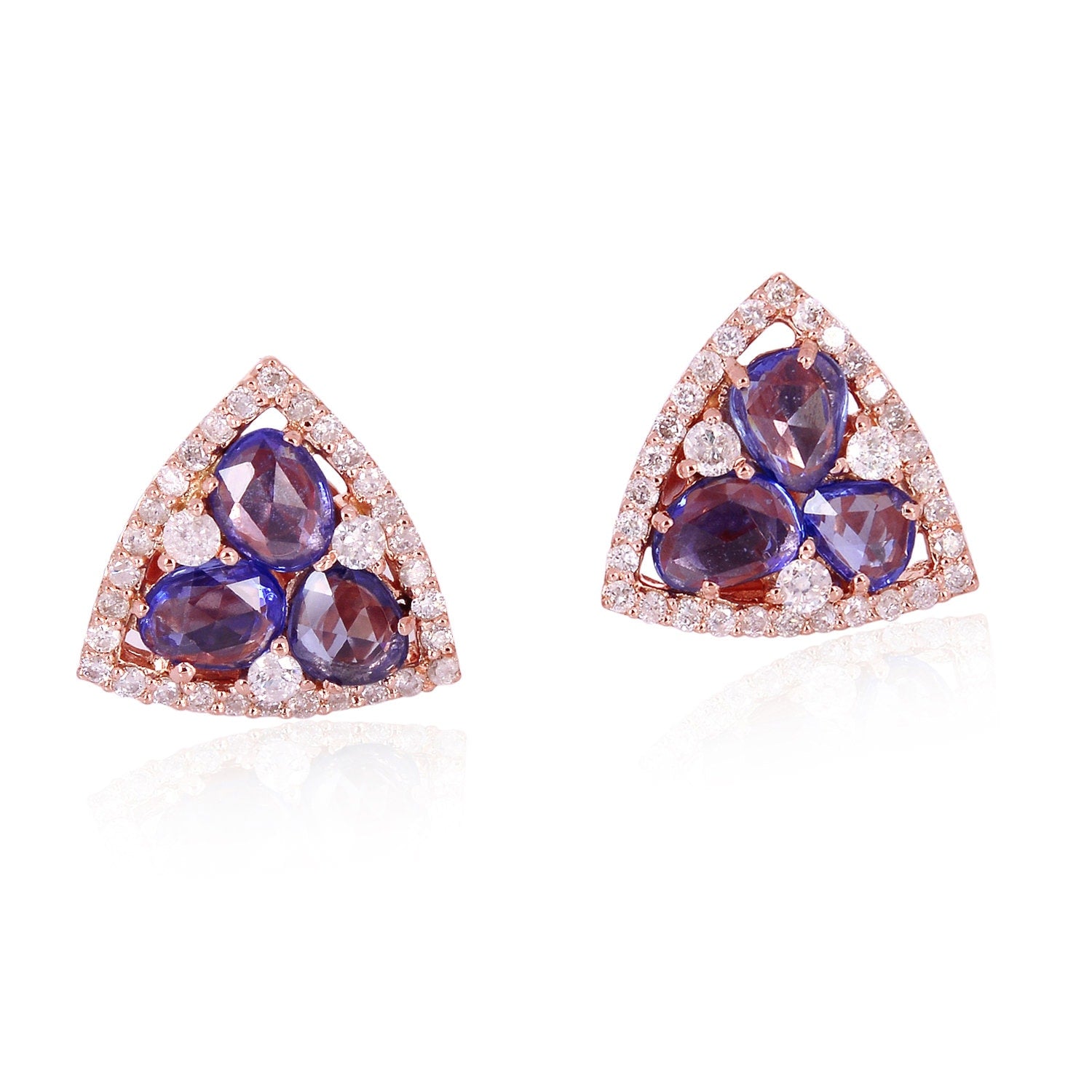 Blue Sapphire Triangle Stud Earrings In Rose Gold – Pave Diamond Geometric Jewelry