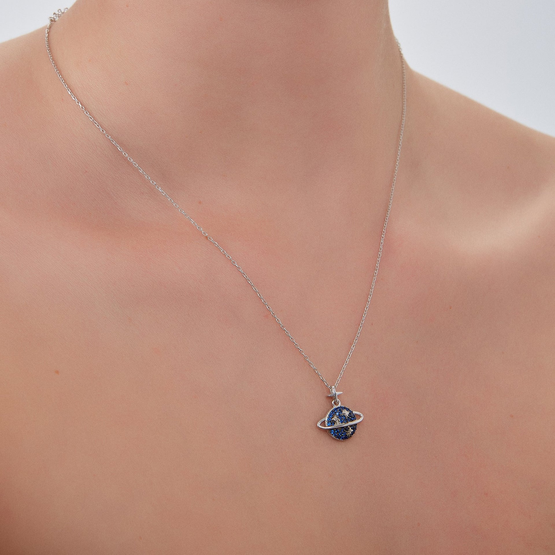 Navy Blue Jewelled Saturn Necklace Sterling Silver