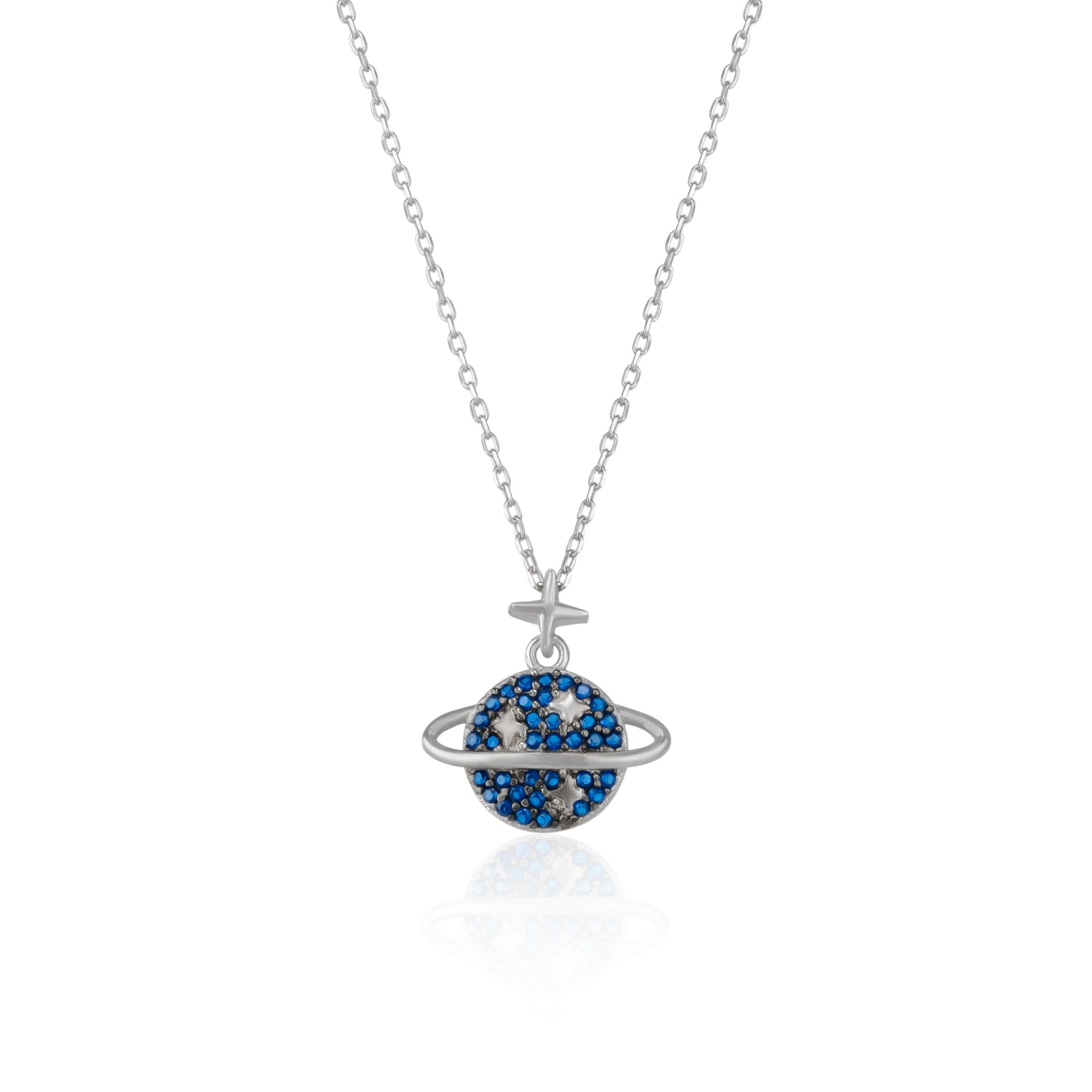 Navy Blue Jewelled Saturn Necklace Sterling Silver