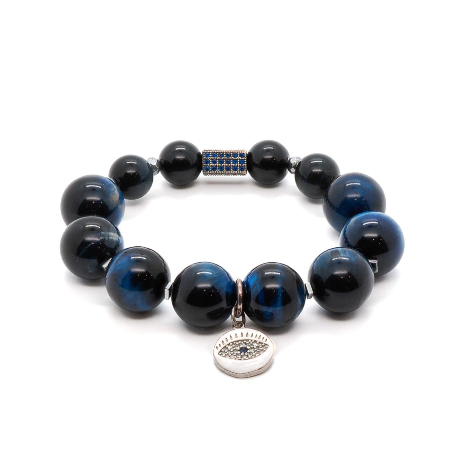 Blue Tiger's Eye Stone Beaded Silver Evil Eye Bracelet - Blue