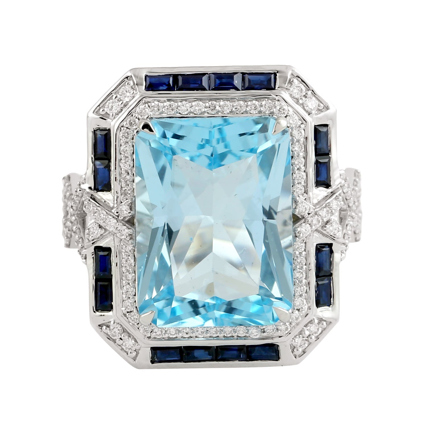 Blue Topaz & Blue Sapphire Gemstone Diamond Cocktail Ring In White Gold