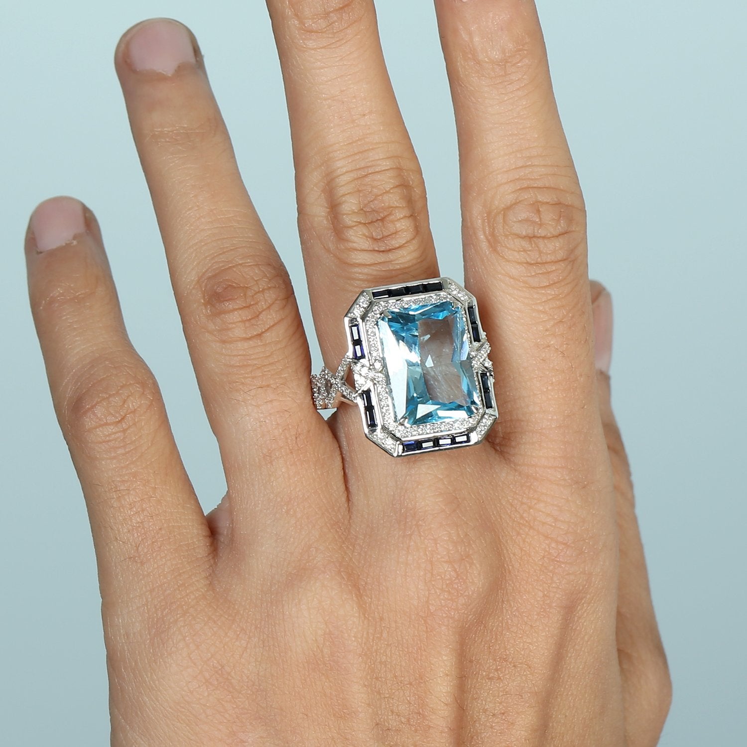Blue Topaz & Blue Sapphire Gemstone Diamond Cocktail Ring In White Gold