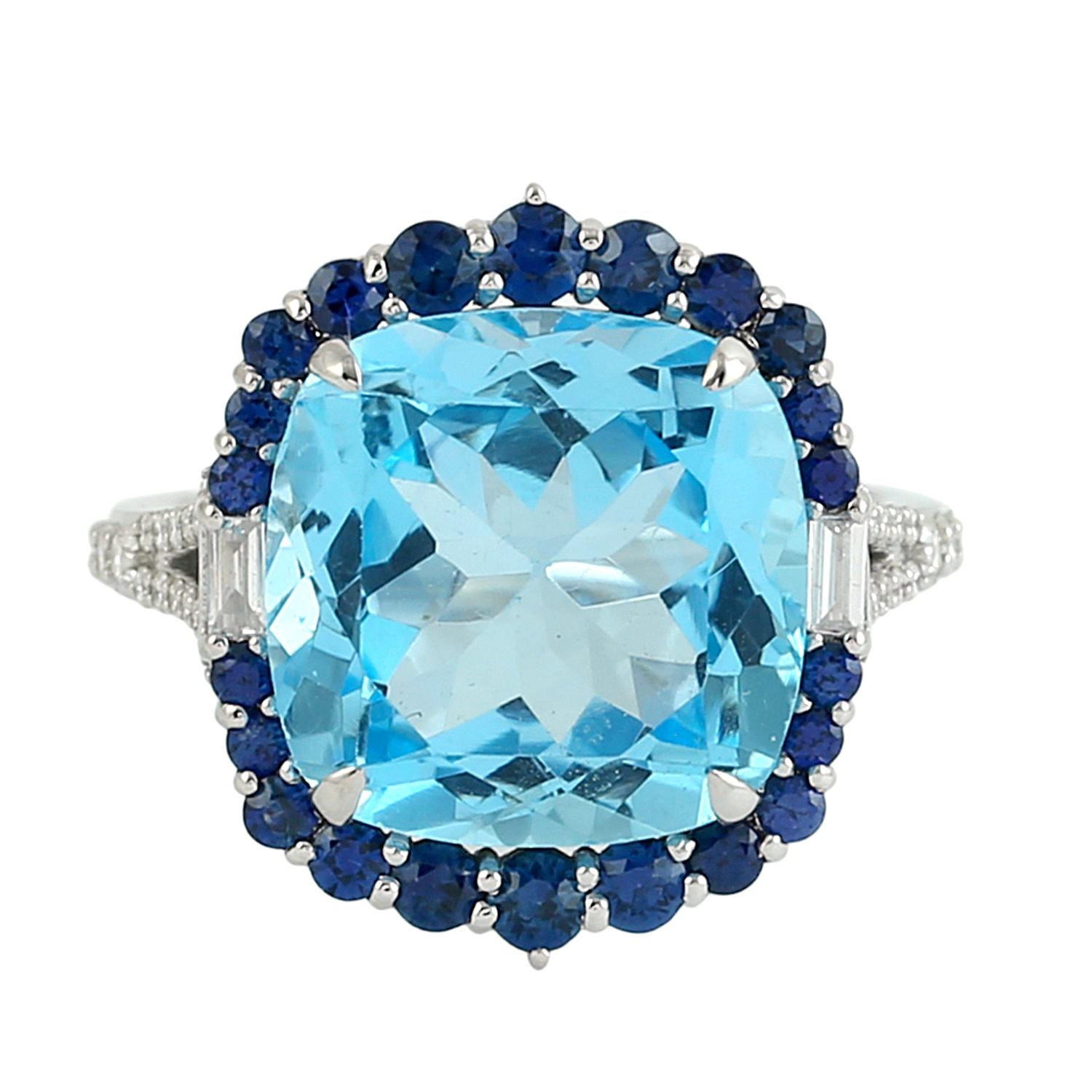 Cushion Blue Topaz Cocktail Ring With Sapphire Halo In 14K White Gold