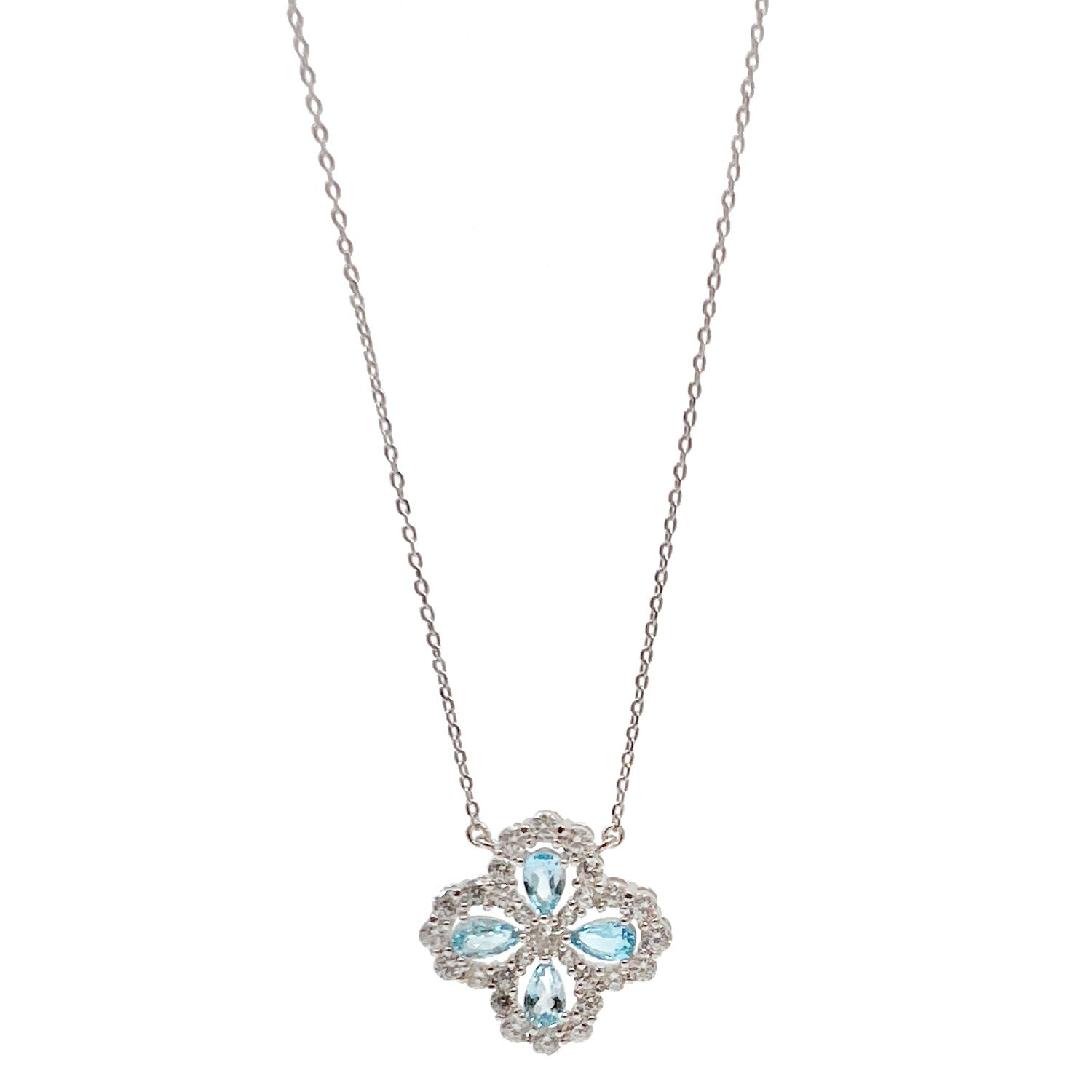 Blue Topaz Clover Leaf Pendant Sterling Silver Necklace