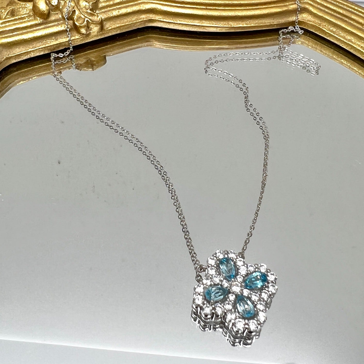 Blue Topaz Clover Leaf Pendant Sterling Silver Necklace