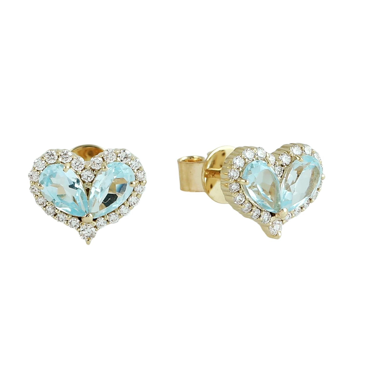 Yellow Gold Heart Stud Earrings With Blue Topaz & Diamonds – Fine Jewelry