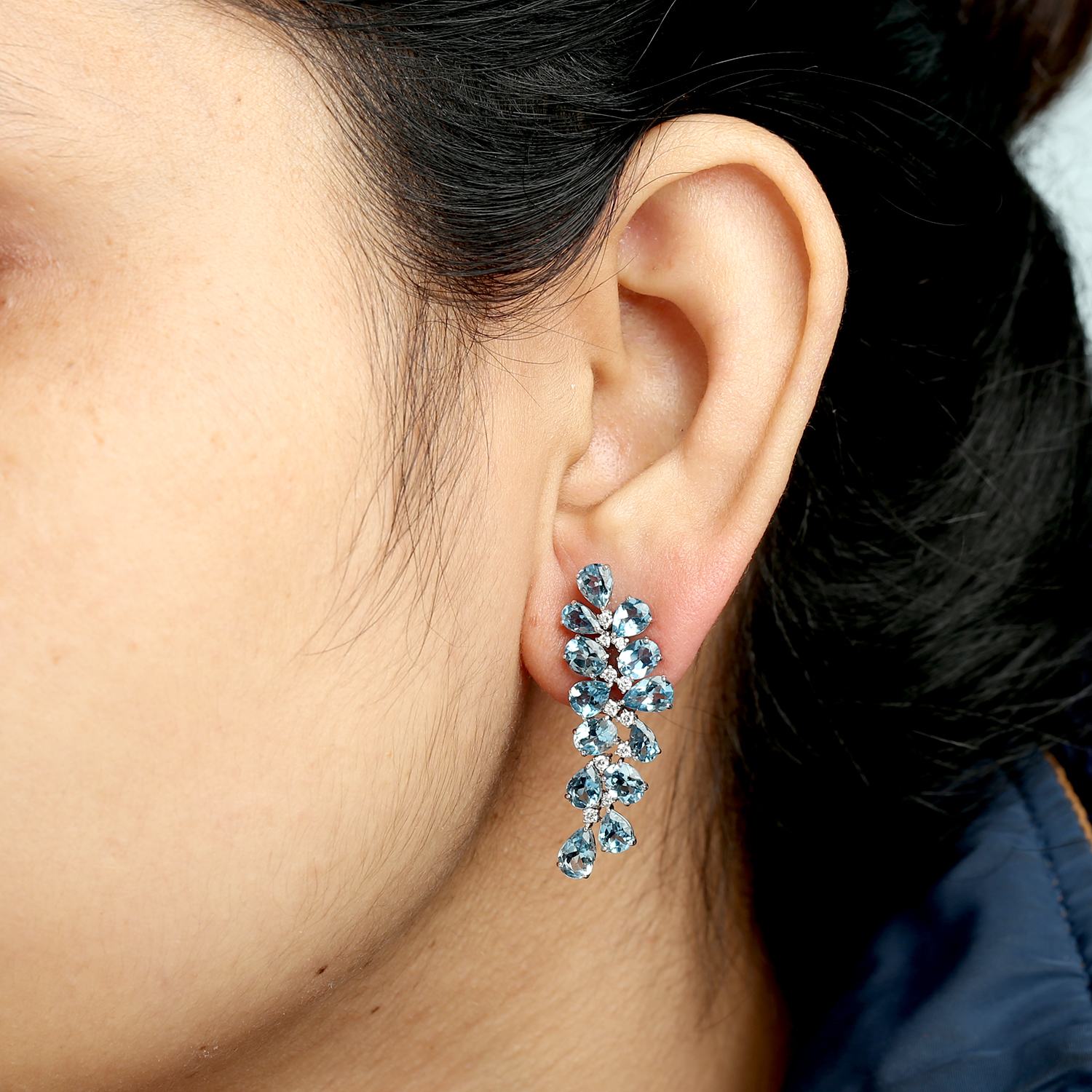 Blue Topaz Gemstone & Diamond Dangle Earrings In White Gold