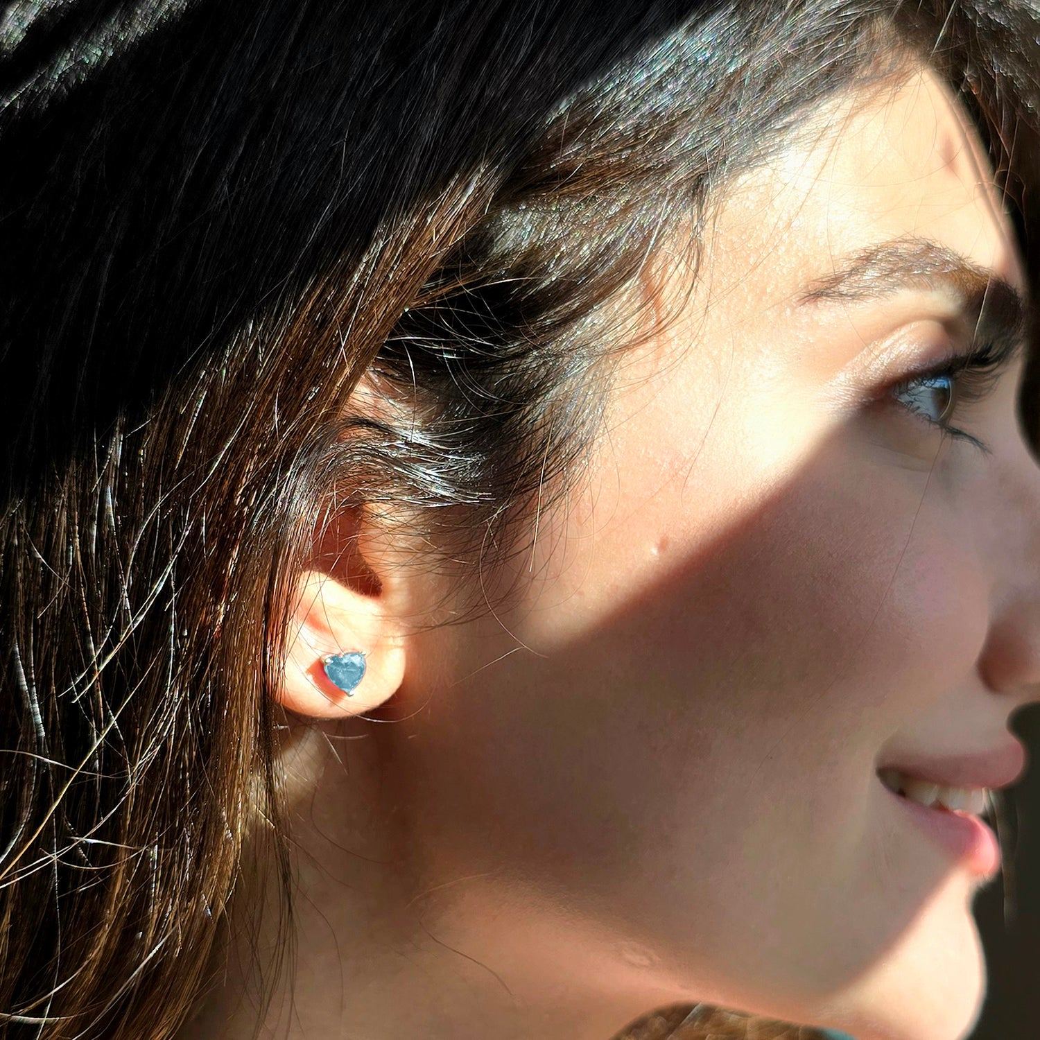 Blue Topaz Heart Sterling Silver Stud Gemstone Earrings