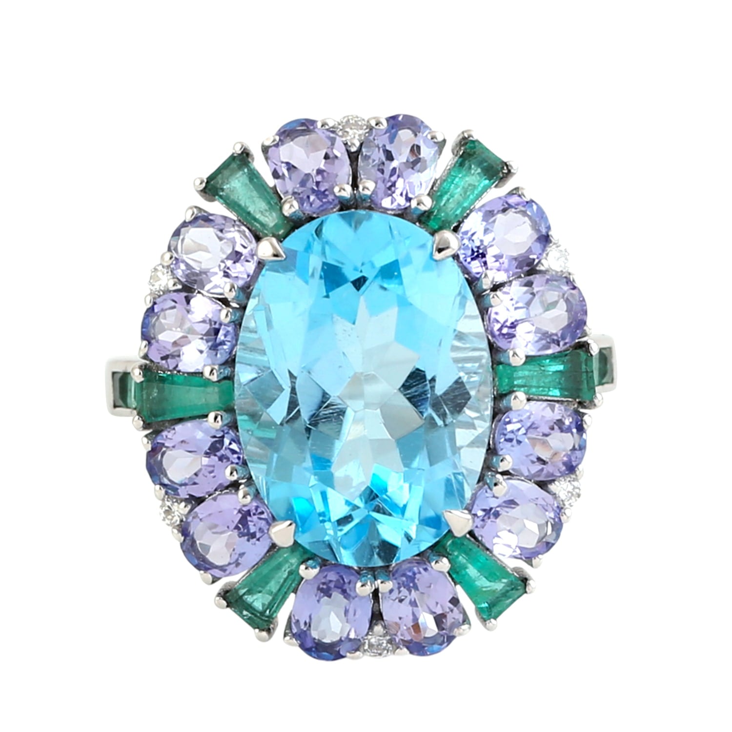 Blue Topaz & Tanzanite Baguette Emerald Diamond Cocktail Ring In White Gold