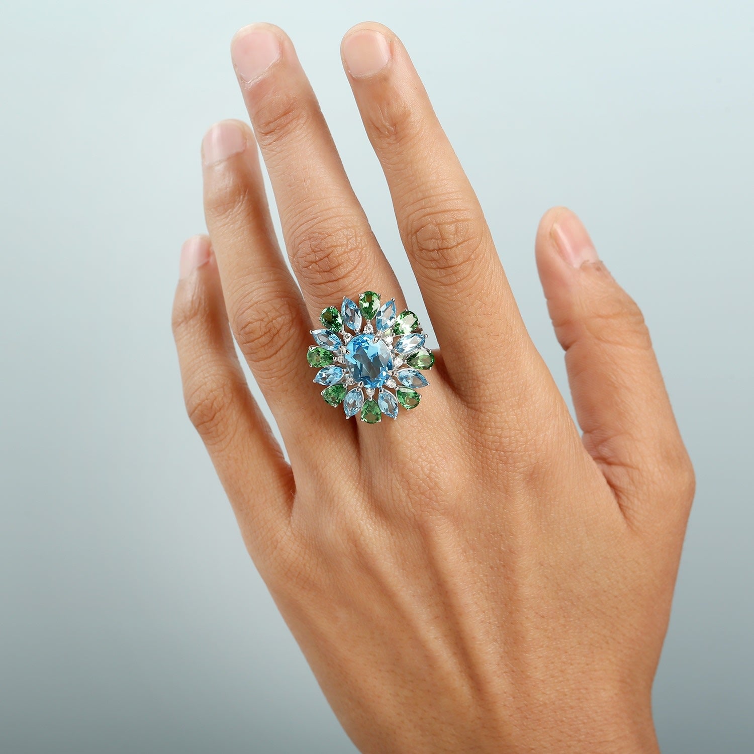 Blue Topaz & Tsavorite Pave Diamond Cocktail Ring In White Gold