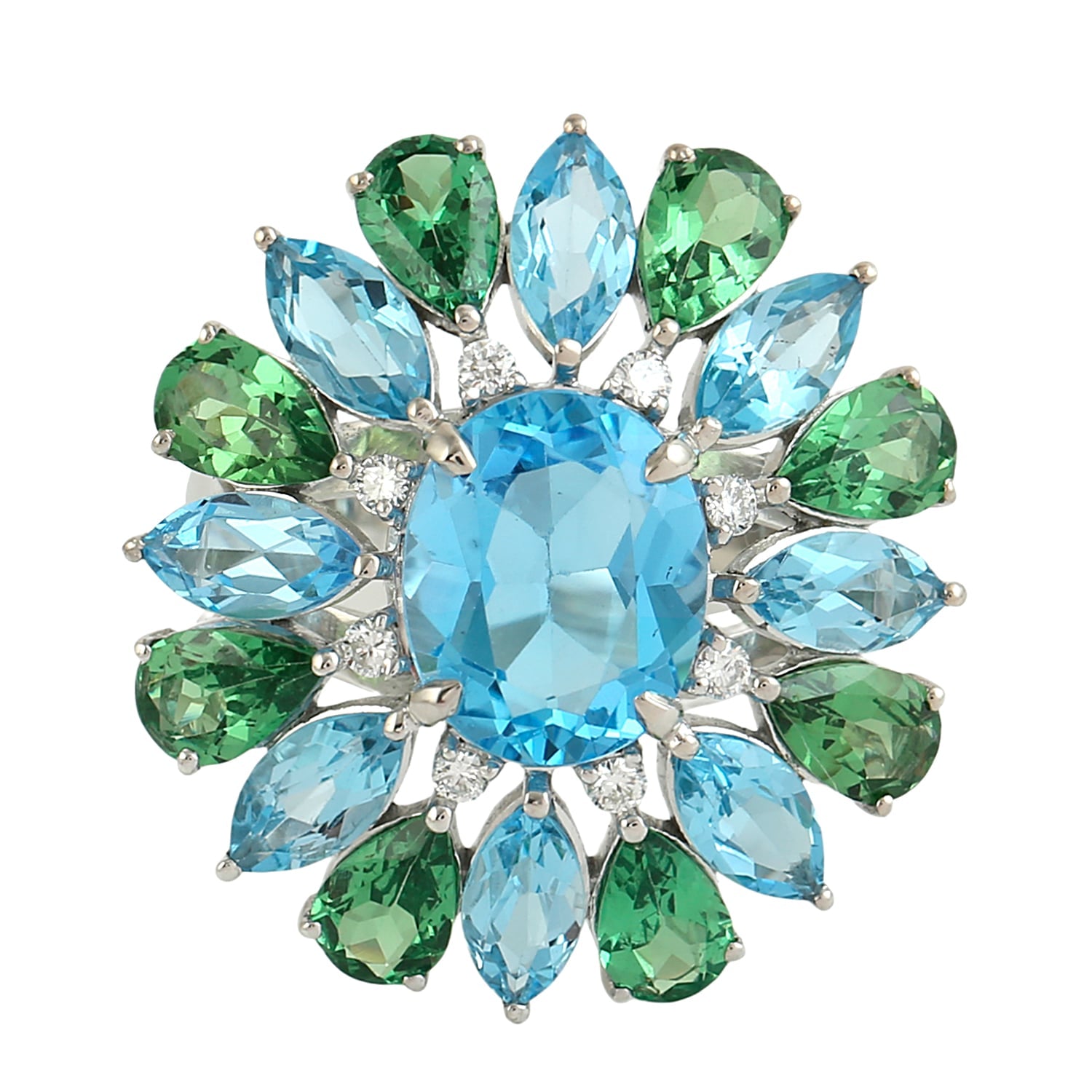 Blue Topaz & Tsavorite Pave Diamond Cocktail Ring In White Gold