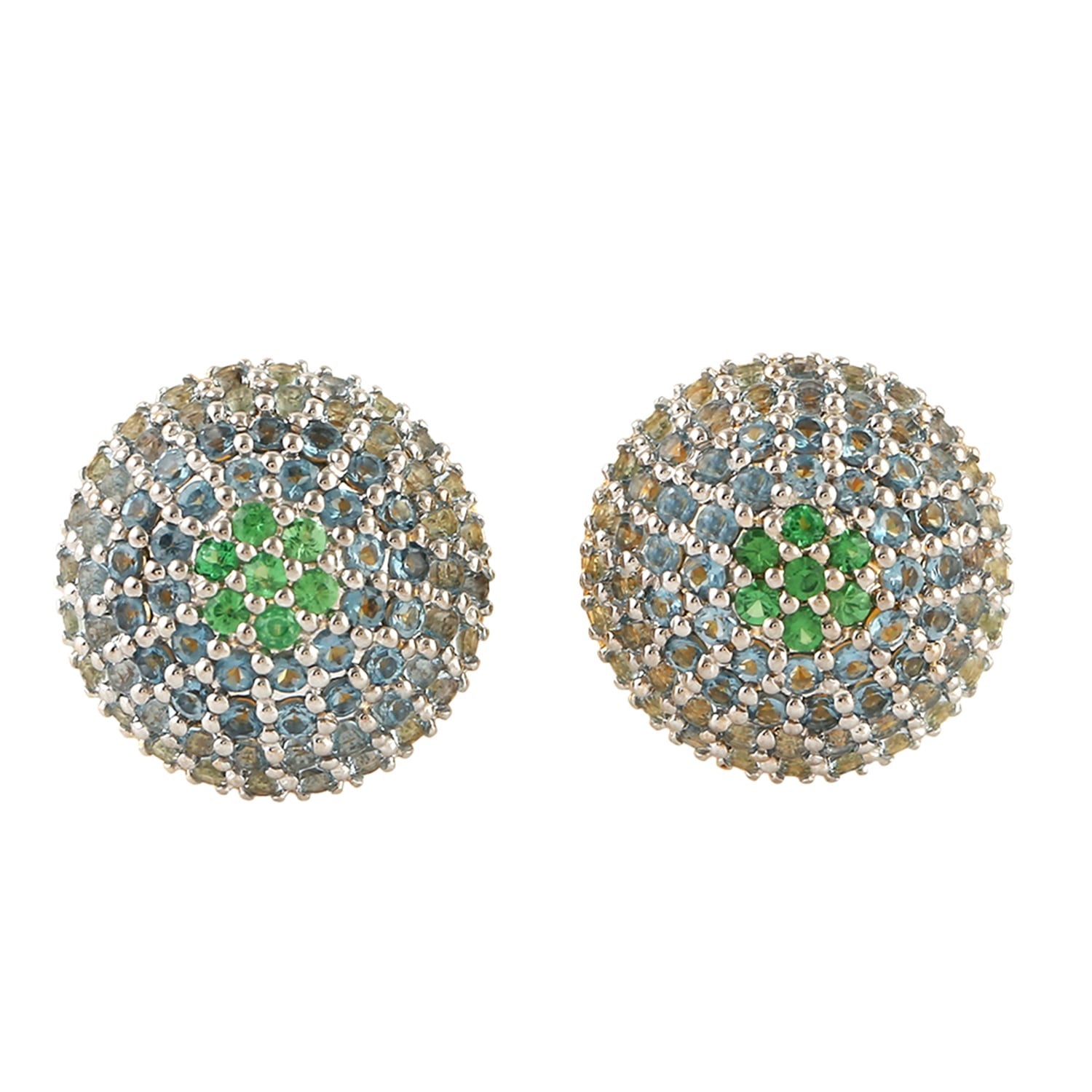 Blue Topaz & Tsavorite Gemstone Stud Earrings In White Gold