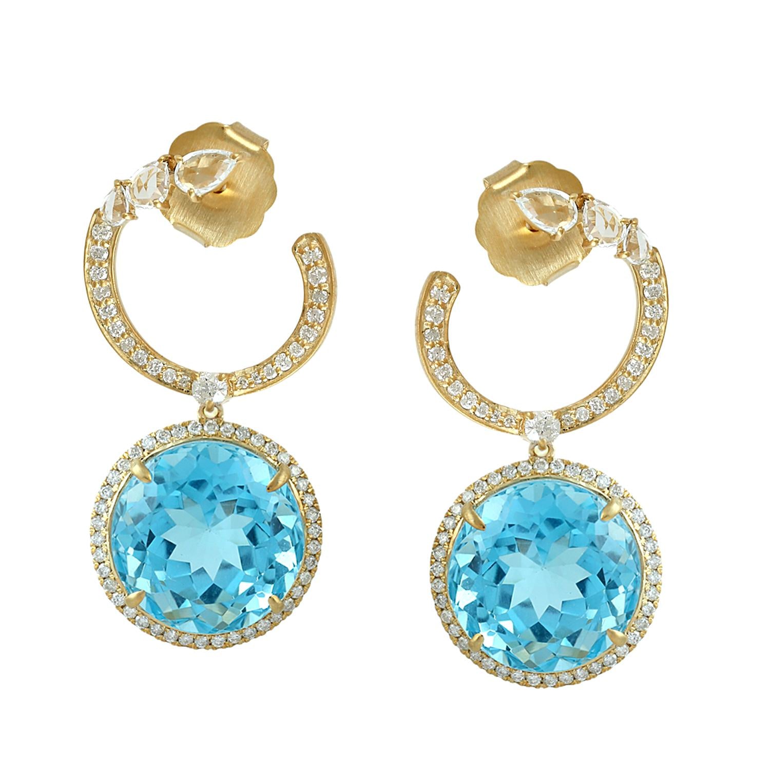 Blue Topaz & White Sapphire Pave Diamond Dangle Earrings In Yellow Gold