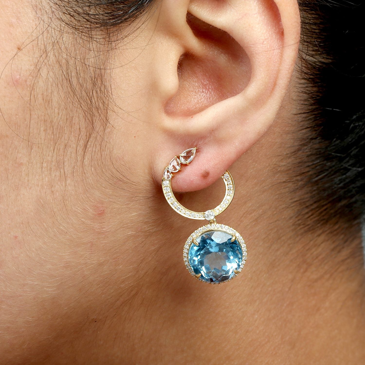 Blue Topaz & White Sapphire Pave Diamond Dangle Earrings In Yellow Gold