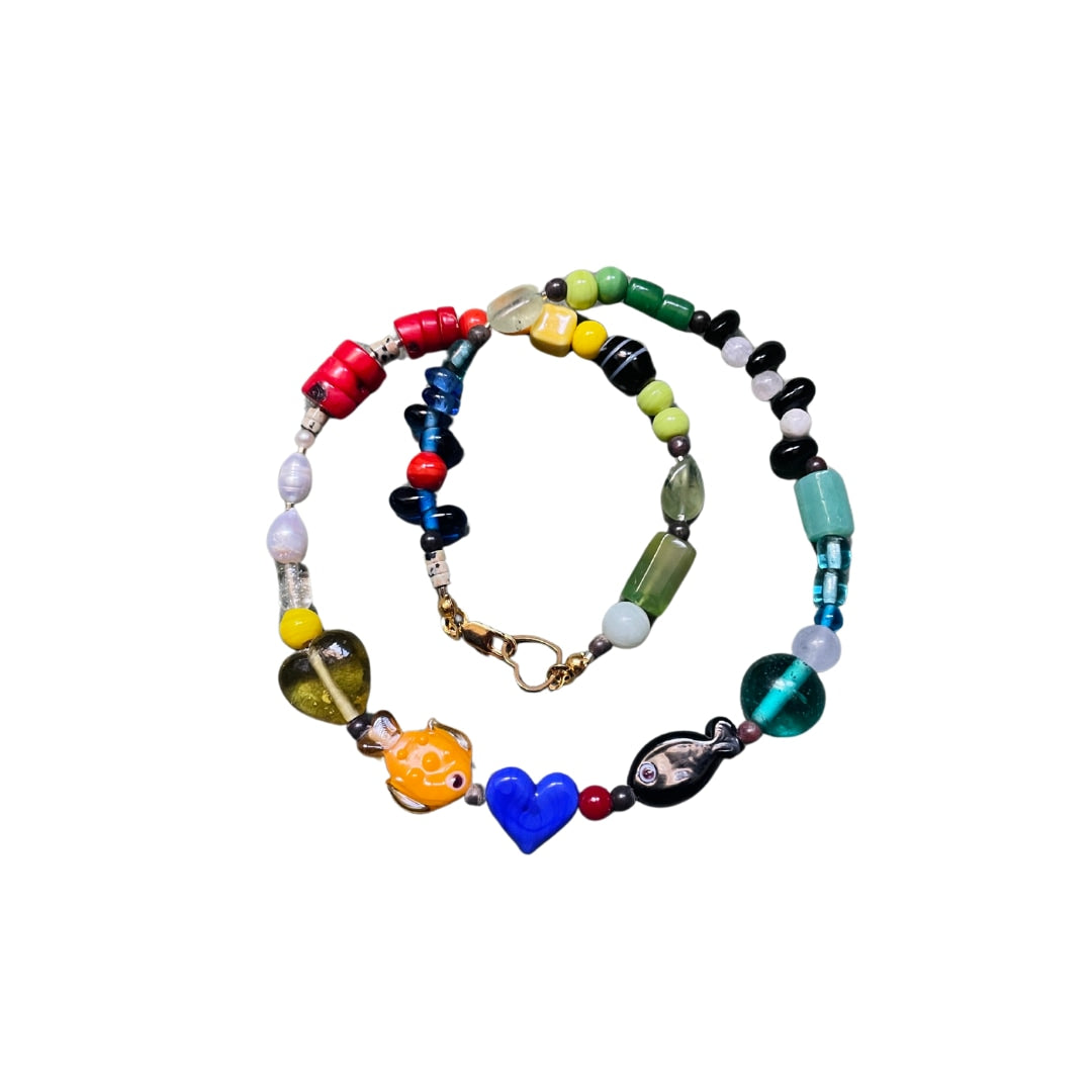 Blue Valentines – Handcrafted Beaded Necklace With Murano Glass Fish & Heart Motif, Pearl & Gemstones