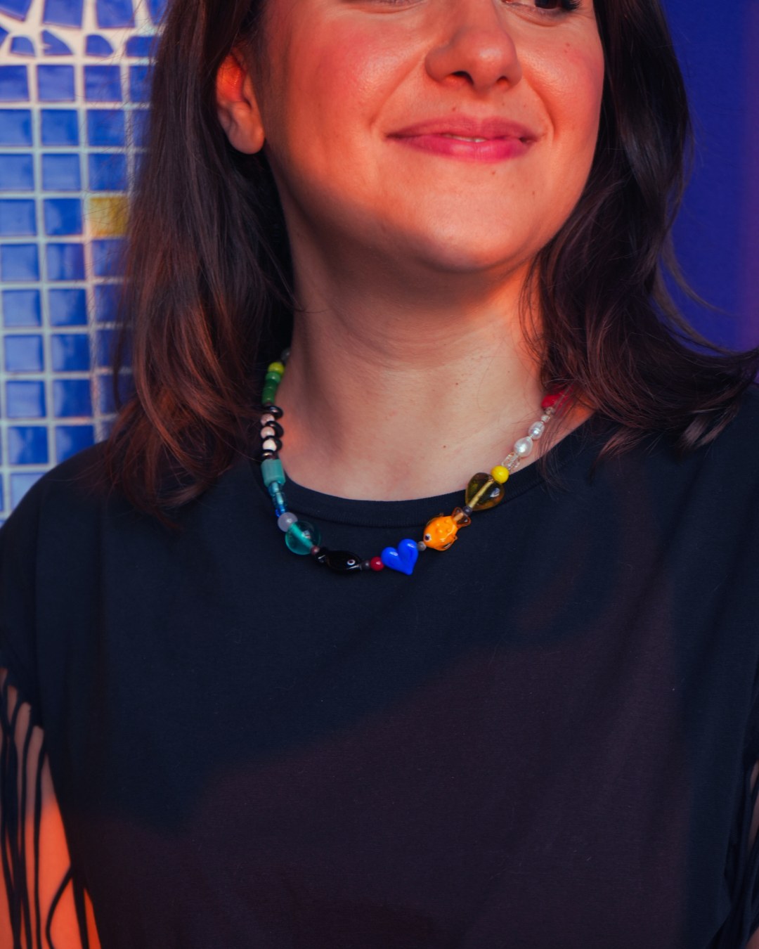 Blue Valentines – Handcrafted Beaded Necklace With Murano Glass Fish & Heart Motif, Pearl & Gemstones