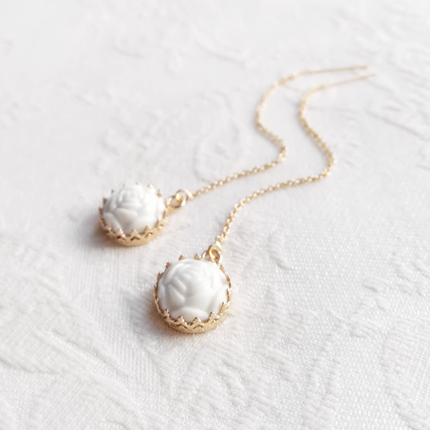 Mini Porcelain Rose With Gold Filled Chain Earrings