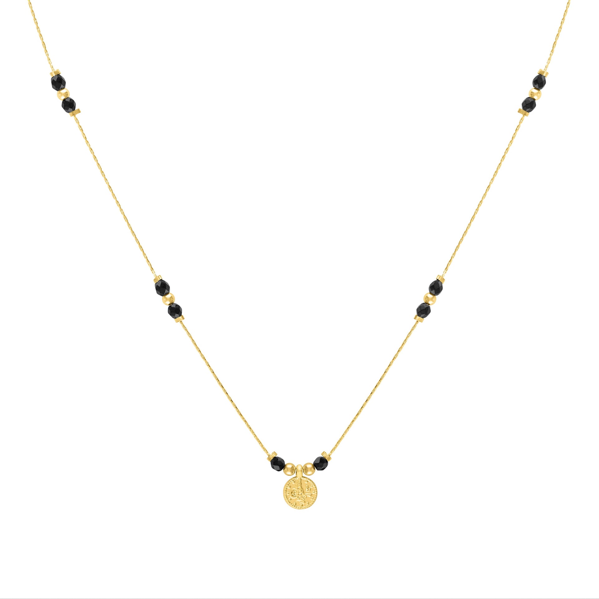 Journey Black Onyx Beaded Gold Necklace With Coin