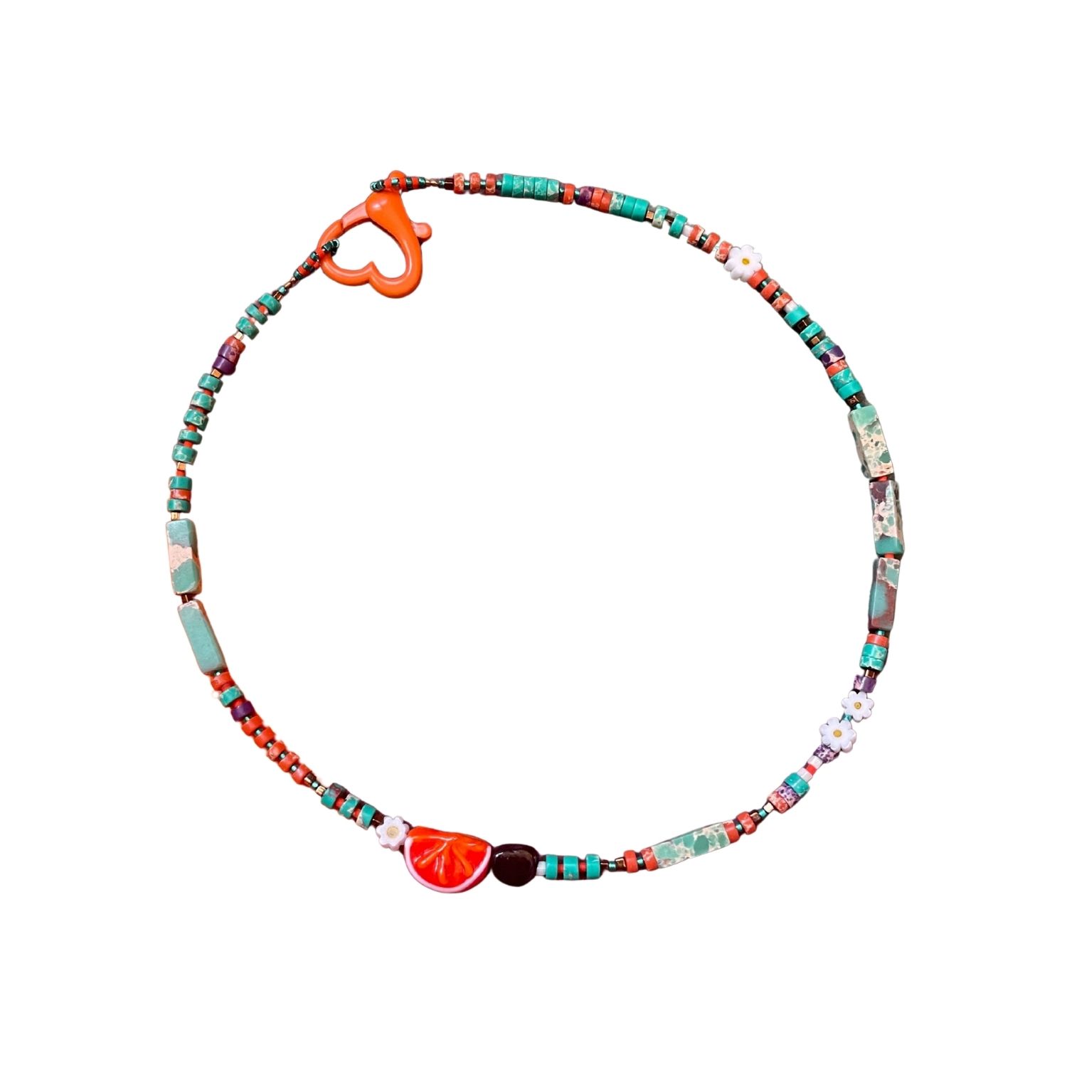 Bodrum – Handmade Citrus Necklace With Murano Glass Tangerine Fruit Charm, Green Variscite & Floral Beads