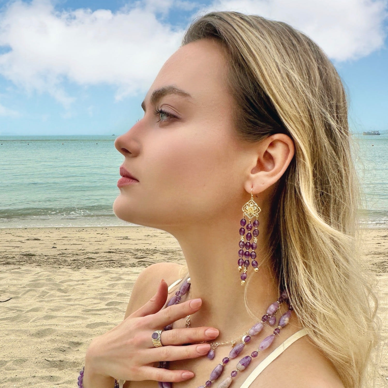Bohemian Amethyst Beaded Tassel Earrings