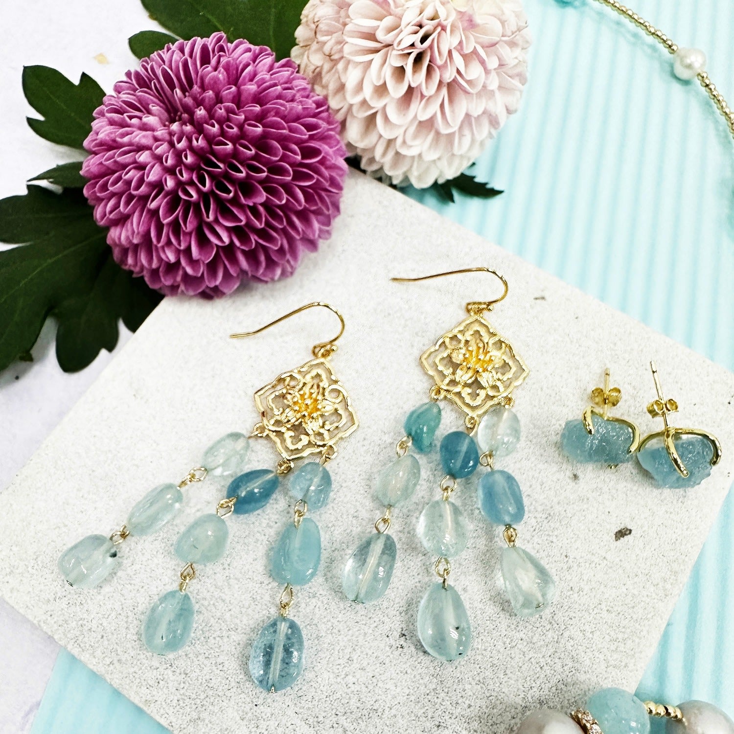 Bohemian Aquamarine Beaded Tassel Earrings