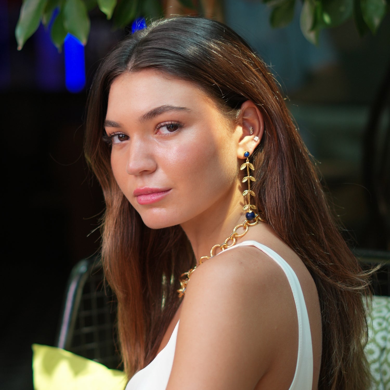 Bohemian Elegance Gold Leaf & Lapis Lazuli Stone Dangle Earrings - Blue