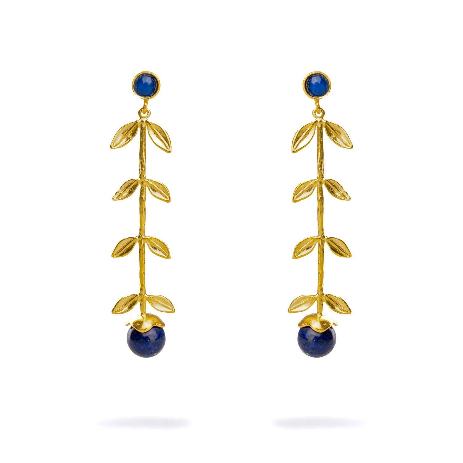 Bohemian Elegance Gold Leaf & Lapis Lazuli Stone Dangle Earrings - Blue