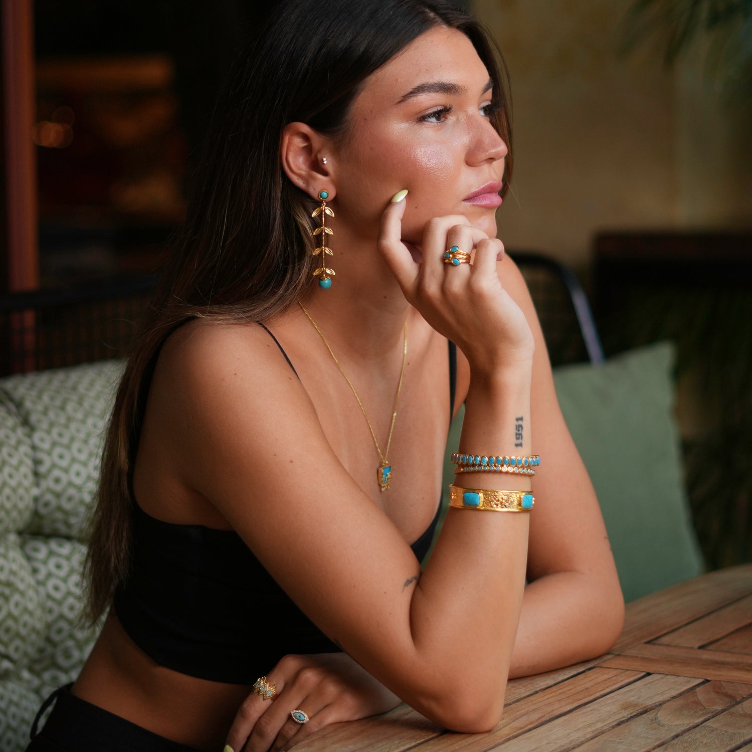 Cleopatra Turquoise Gemstone & Gold Antique Cuff Bracelet - Turquoise