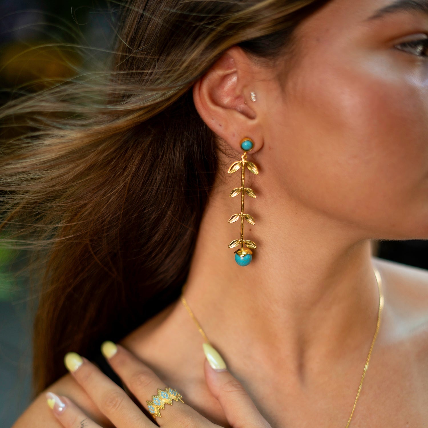 Bohemian Elegance Gold Leaf & Turquoise Stone Dangle Earrings - Turquoise