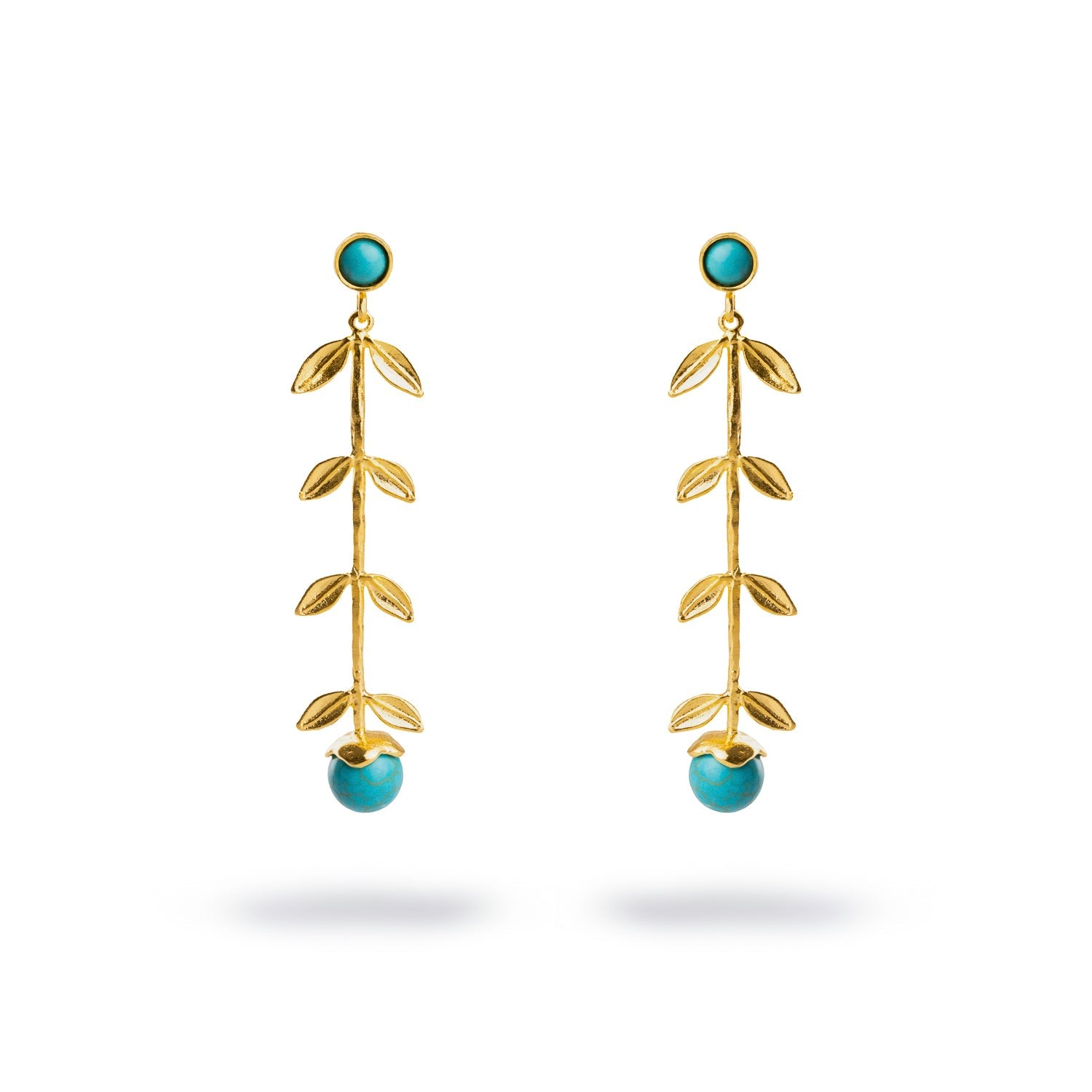 Bohemian Elegance Gold Leaf & Turquoise Stone Dangle Earrings - Turquoise