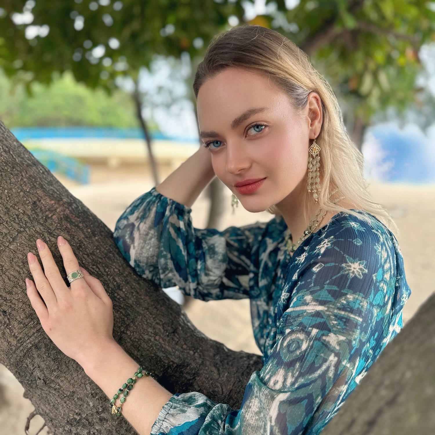 Bohemian Flower Frame With Prehnite Beaded Tassel Earrings