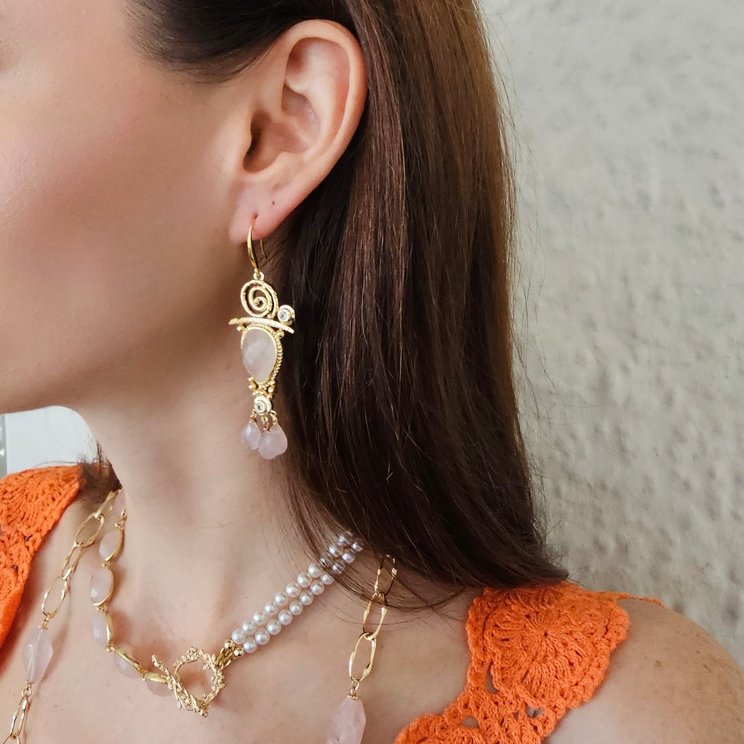 Bohemian Pink Rose Quartz Chandelier Earrings