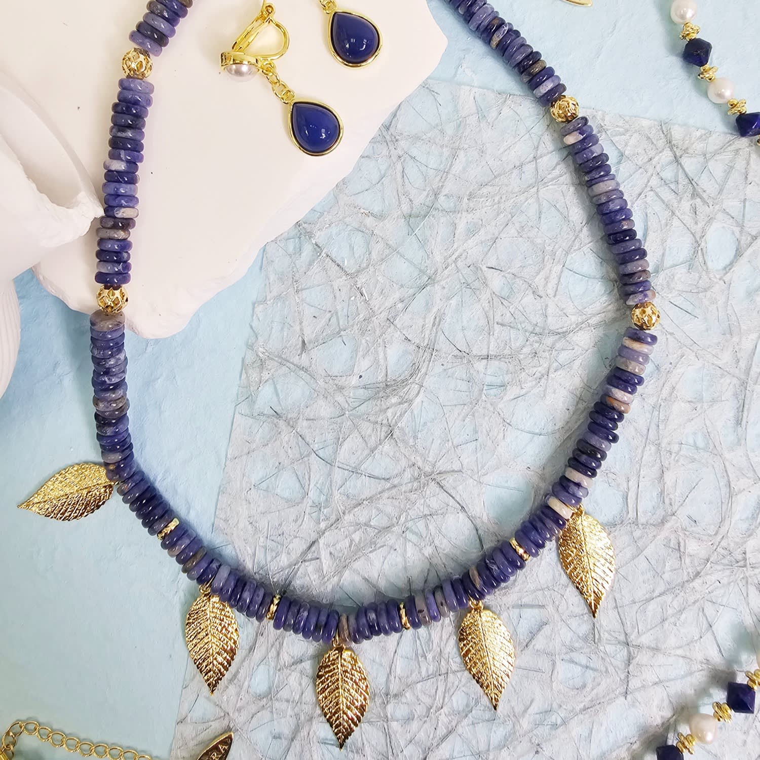 Bohemian Style Sodalite With Leaves Charms Statement Necklace