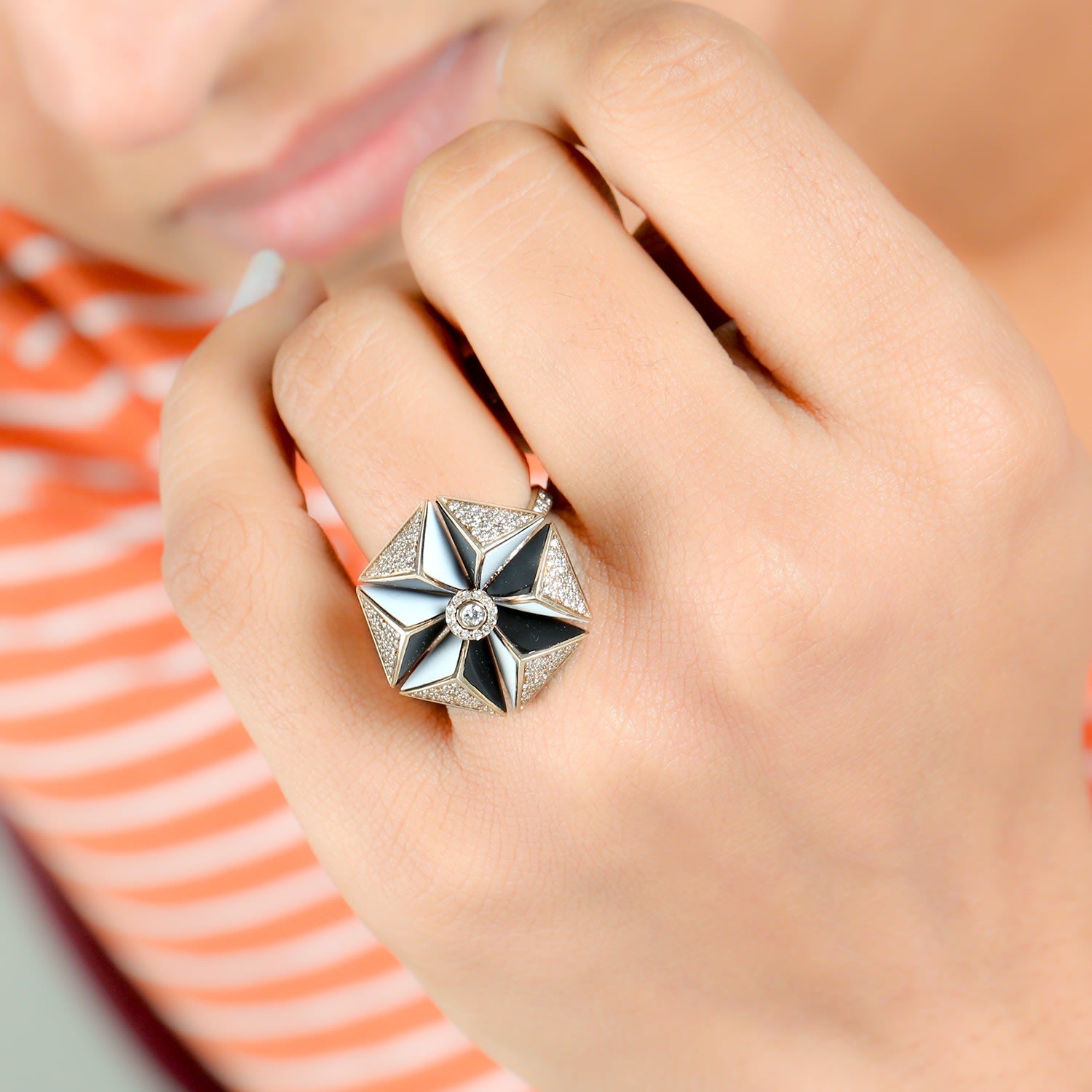 Bold Geometric Diamond & Enamel Statement Ring In 14K Rose Gold