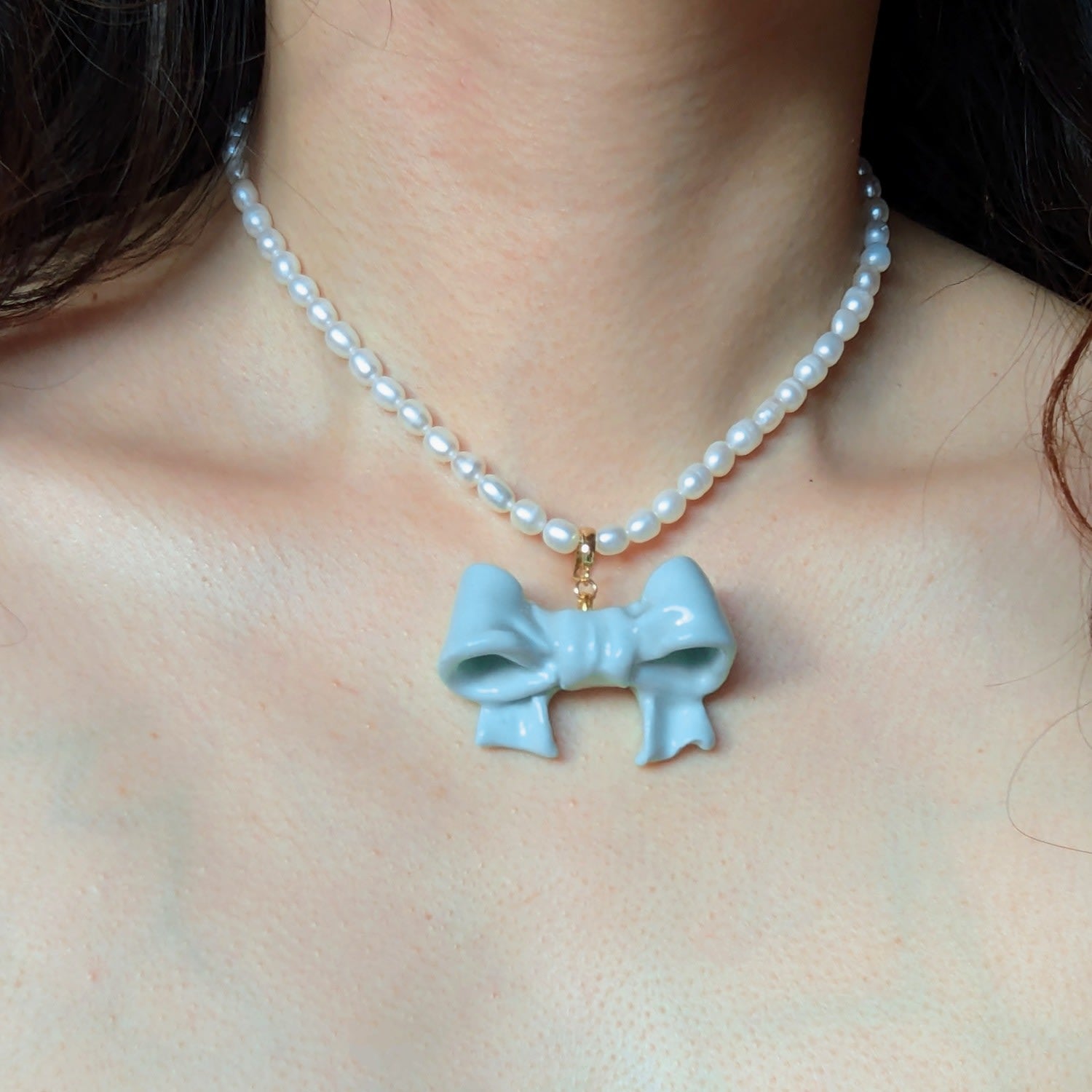 Bow Tie Maniac Large Bowtie Detachable Pendant Freshwater Pearl Necklaces Light Turquoise