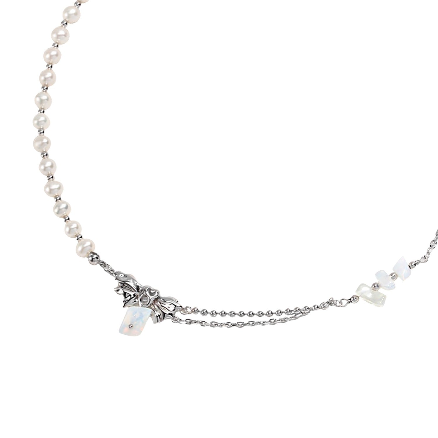 Bowknot Pendant With Opal Drop Silver And Freshwater Pearls Necklace
