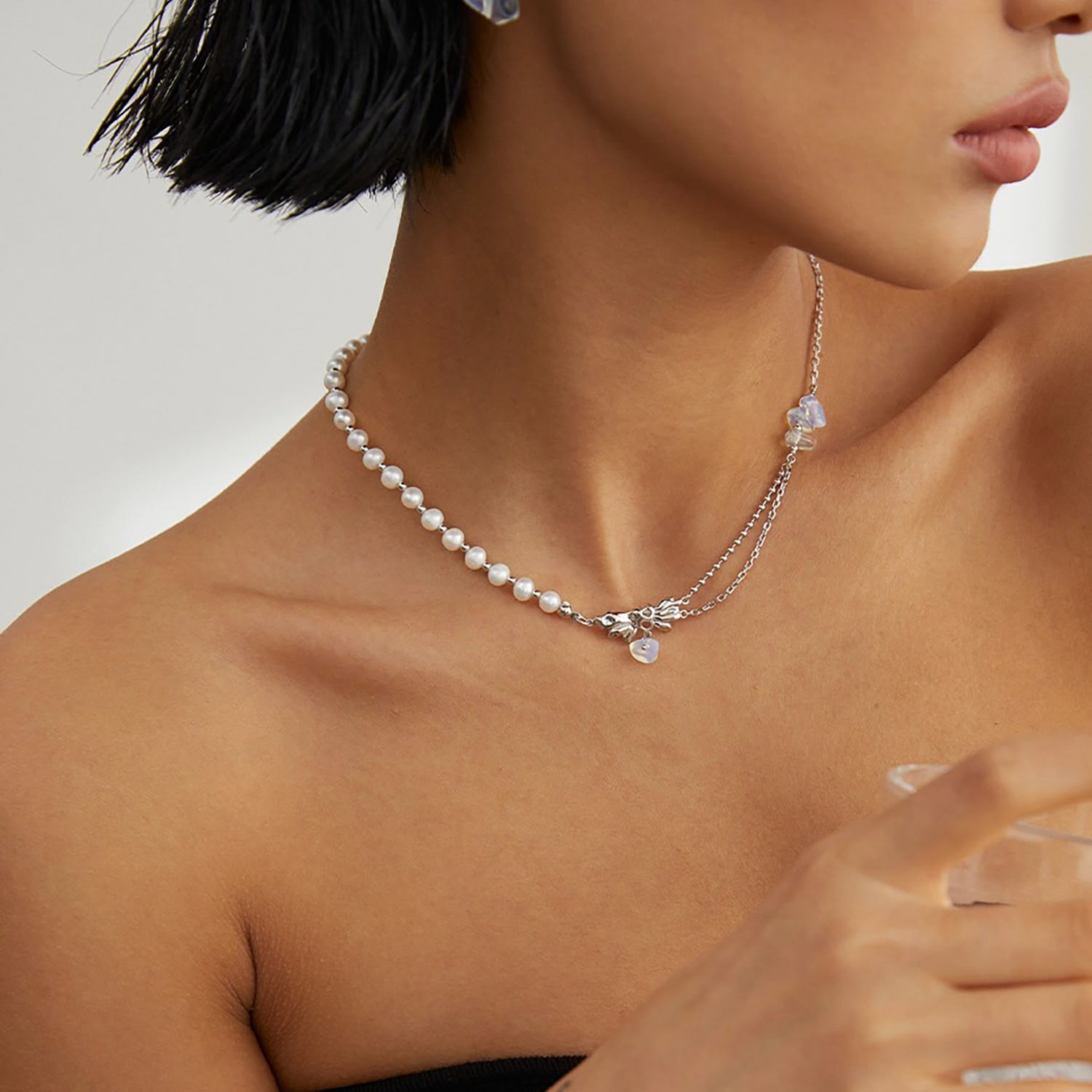 Bowknot Pendant With Opal Drop Silver And Freshwater Pearls Necklace