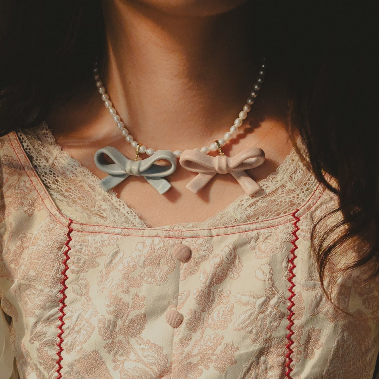 Bowtie Maniac Medium Ceramic Ribbon Bowtie Round Baroque Freshwater Pearl Multi Charms Necklace Pink And Blue Set Gold