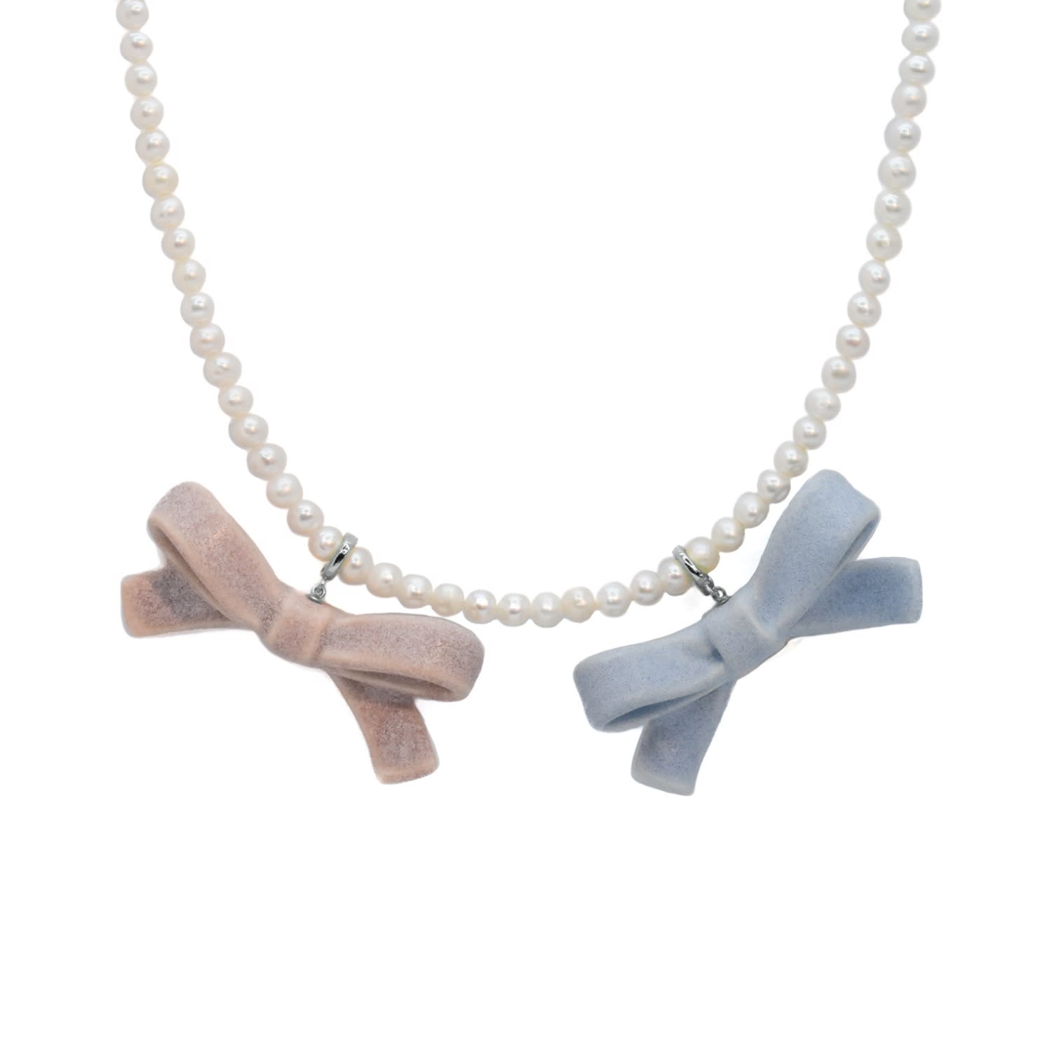 Bowtie Maniac Medium Ceramic Ribbon Bowtie Round Baroque Freshwater Pearl Multi Charms Necklace Pink And Blue Set Silver