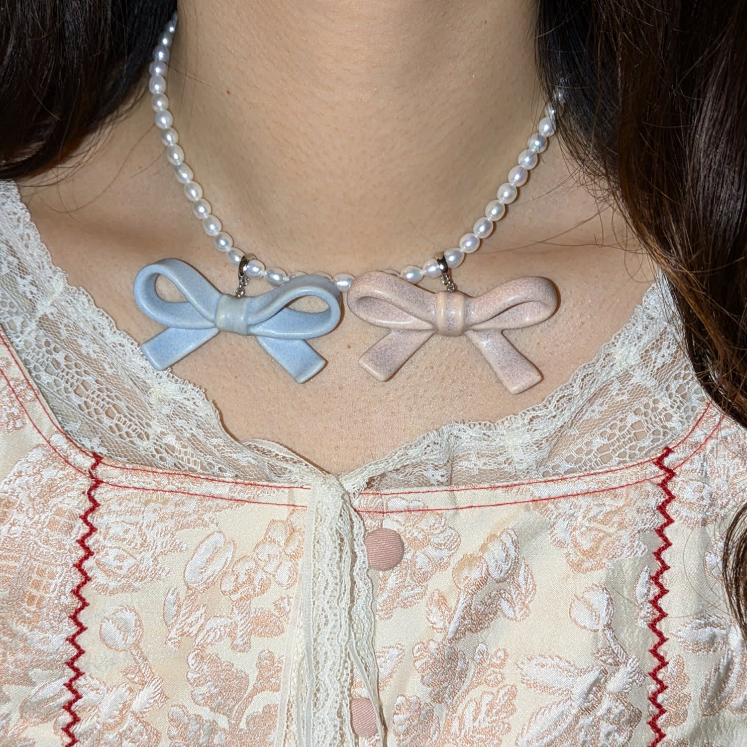 Bowtie Maniac Medium Ceramic Ribbon Bowtie Round Baroque Freshwater Pearl Multi Charms Necklace Pink And Blue Set Silver