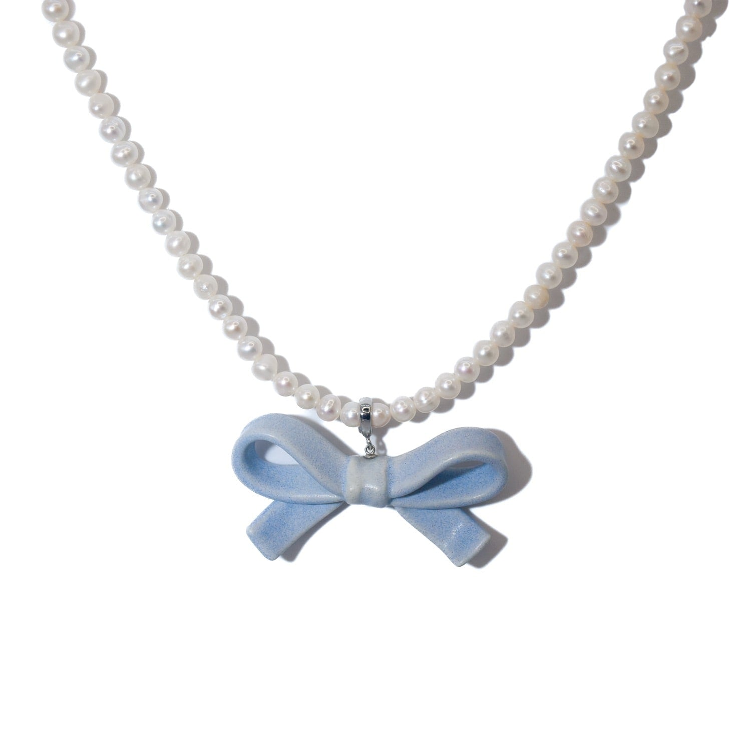 Bowtie Maniac Medium Ribbon Bowtie Round Freshwater Pearl Necklaces Rock Blue Silver