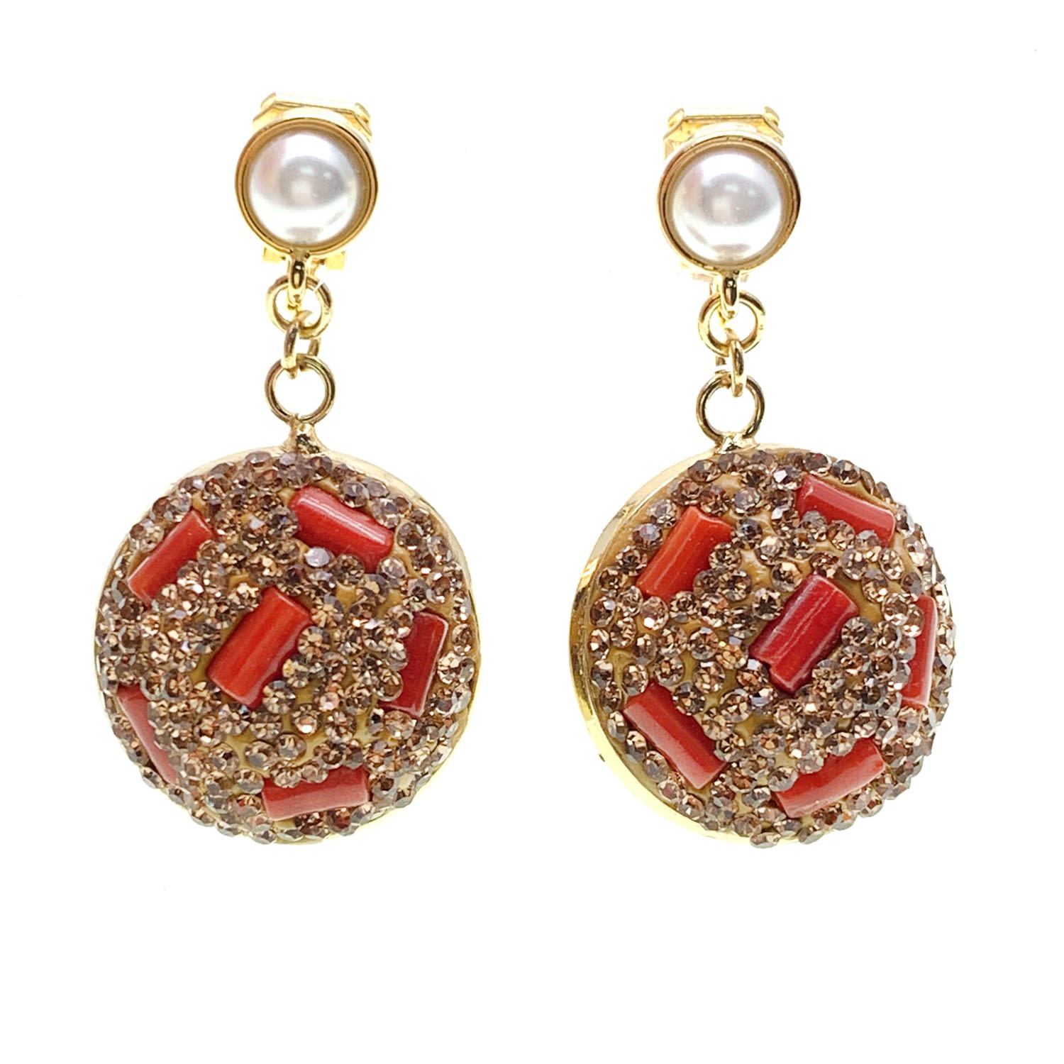 Rhinestones Bordered Corals Clip Earrings