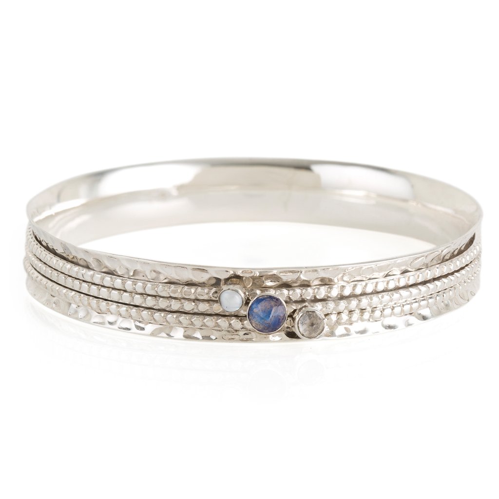 Ethereal Galaxy Silver Spinning Bangle - Labradorite, Pearl & White Topaz