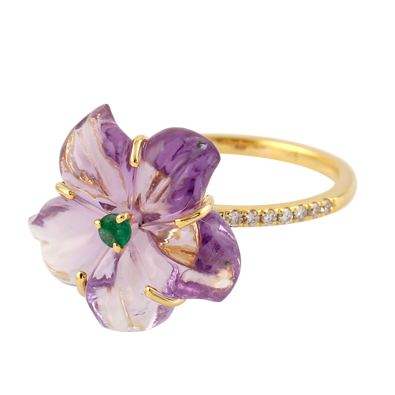 Yellow Gold Flower Shape Ring Emerald Diamond Mix Stone Jewelry