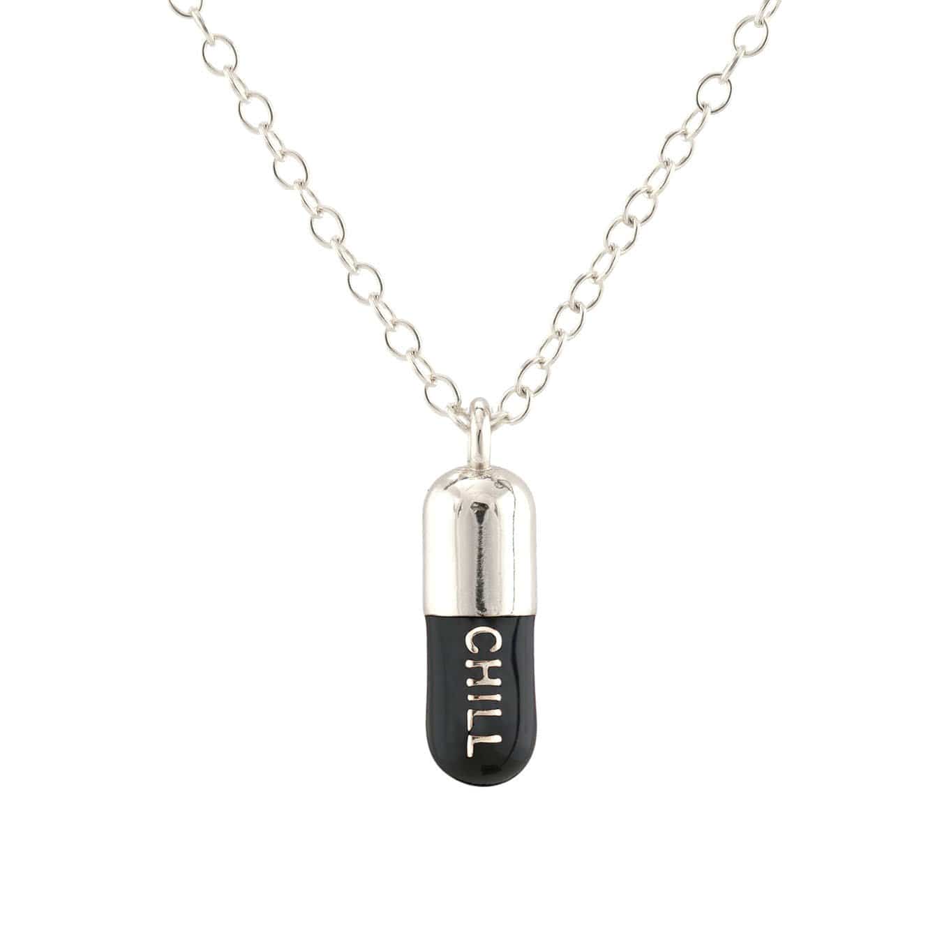 Chill Pill Enamel Necklace Sterling Silver, Black