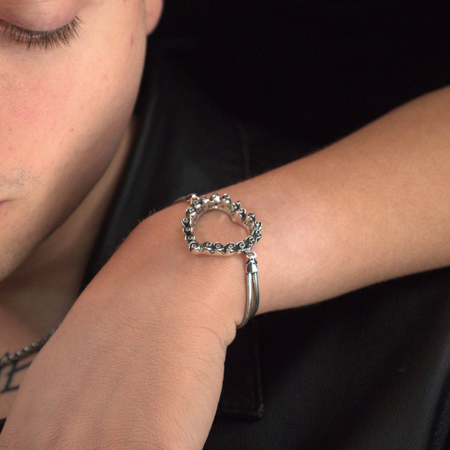 Heart Of Roses Bracelet With Double Snake Link Chain In Sterling Silver