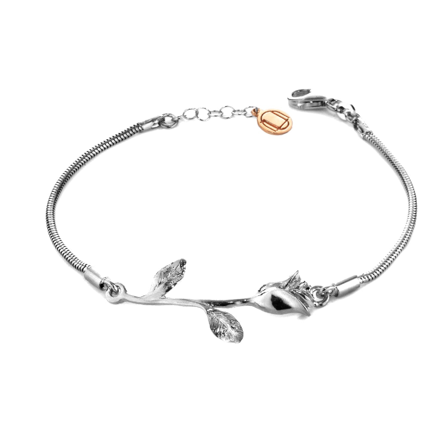 Sterling Silver Bracelet With Rose Supported By Snake Chain