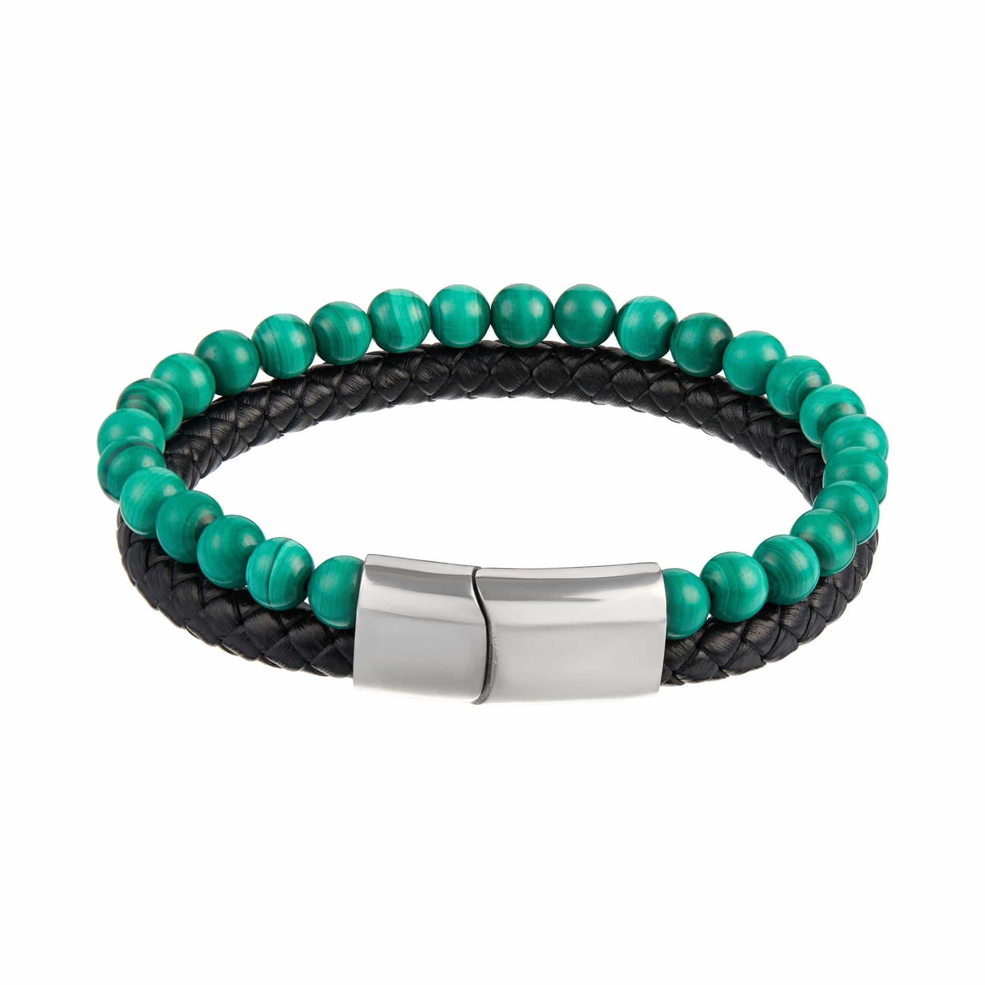 Leather & Malachite Bead 2-Row Bracelet
