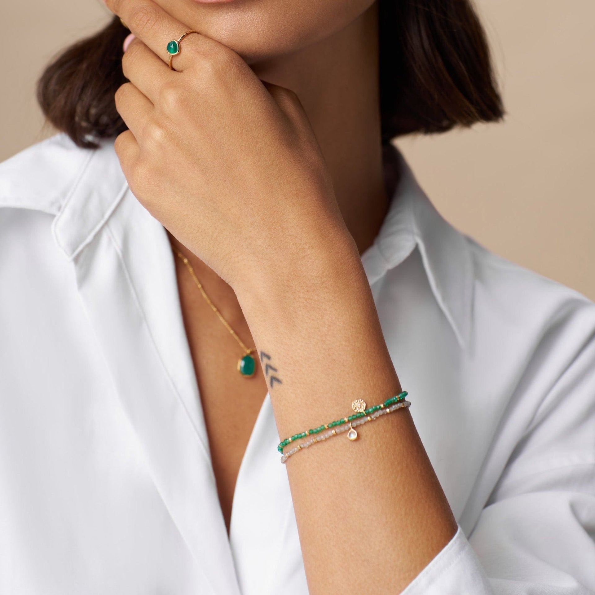 LUXE Mini Bead & Coin Charm Bracelet - Green Agate