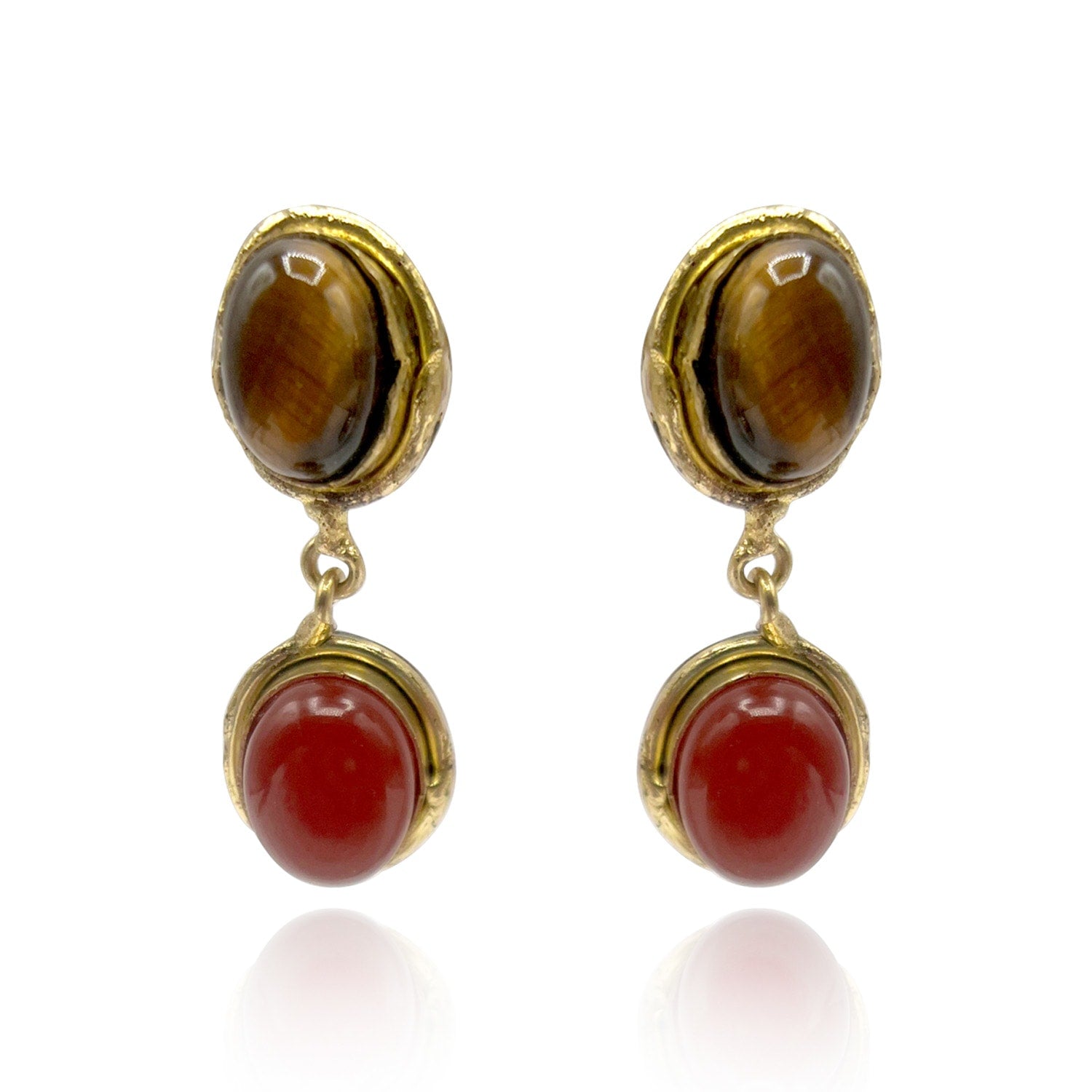 Brass Clip On Earrings With Carnelian And Tigereye
